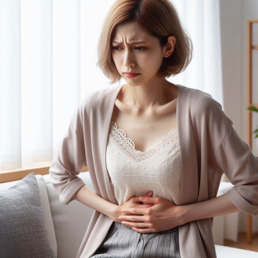 A worried woman holding her stomach, looking concerned about loud stomach noises.