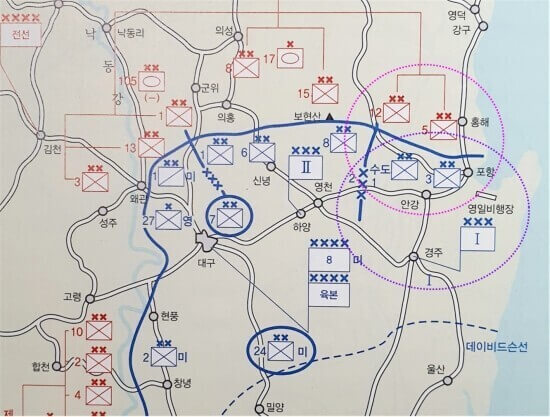 8사단이 2군단에 예속된 이후의 부대 배치도 (출처 : 나무 위키)&nbsp; &lt;숲의새 주: 이 지도는 1950년 8월 20일 경의 상황으로 추정됩니다.바로 아래 지도와 흡사합니다.&gt;