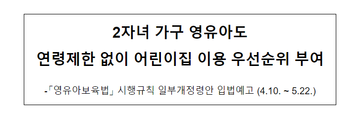  2자녀 가구 영유아도 연령제한 없이 어린이집 이용 우선순위 부여