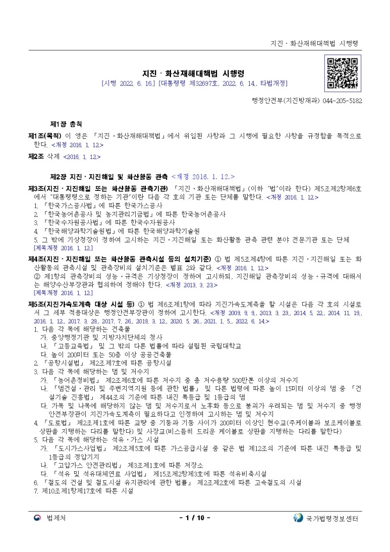  지진ㆍ화산재해대책법 시행령[시행 2022. 6. 16.]