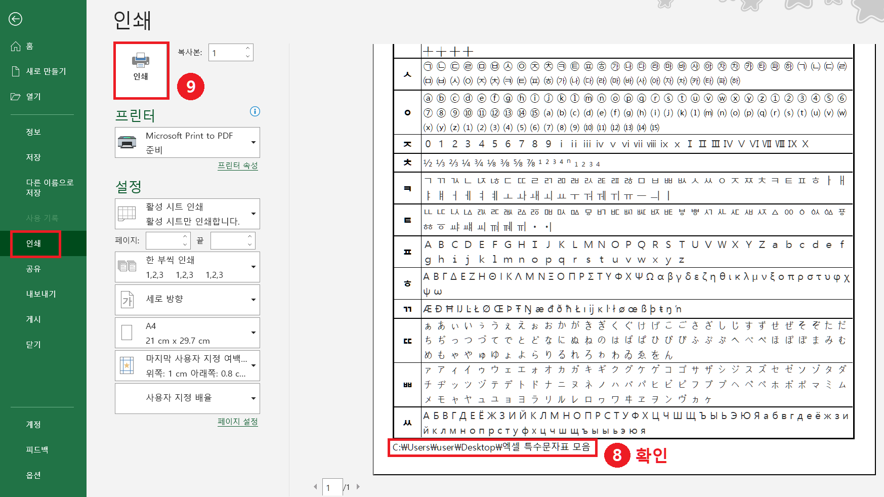 엑셀 출력물에 파일경로와 파일명을 삽입해서 인쇄하기