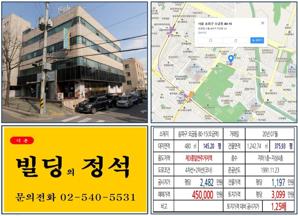  [송파구 오금공원 앞 40억 꼬마빌딩 실거래가 조회] 오금동 80-15 (오금역) 45억 원, 평당 3,099만 원 매매되었습니다. 하남강일,