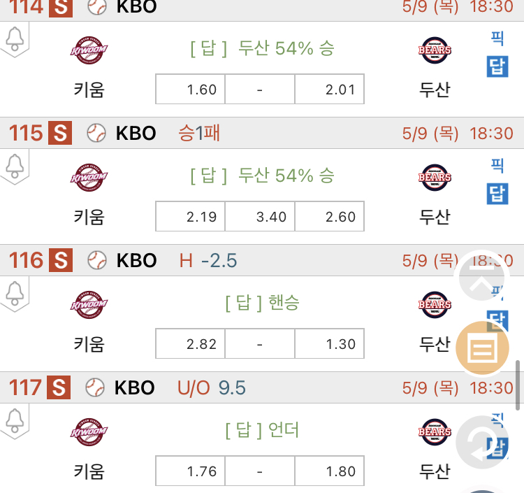 [진짜총판] 5월9일 키움 VS 두산 국내야구분석