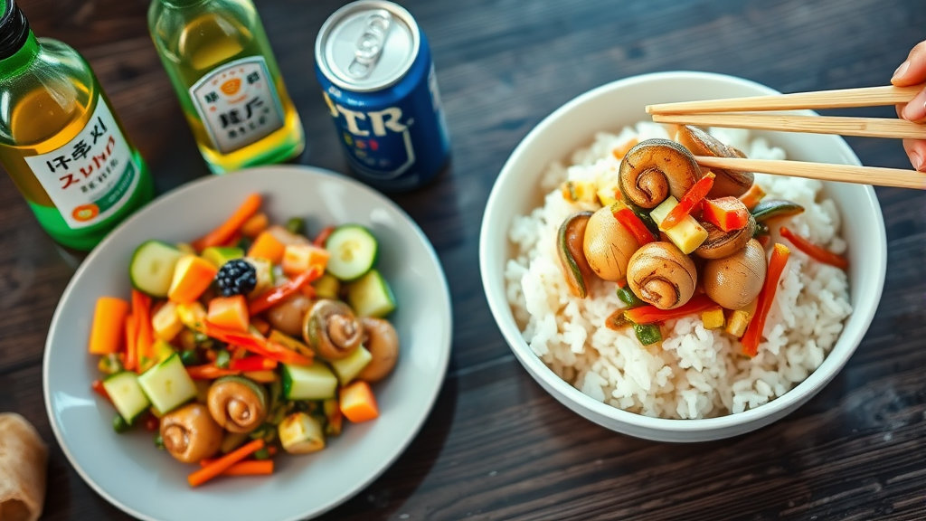 맛있게 완성된 골뱅이무침 한 접시와 함께 소주병, 맥주캔이 놓여있는 술상 차림. 또는 흰 쌀밥 위에 골뱅이무침을 올려 비벼 먹으려는 모습.