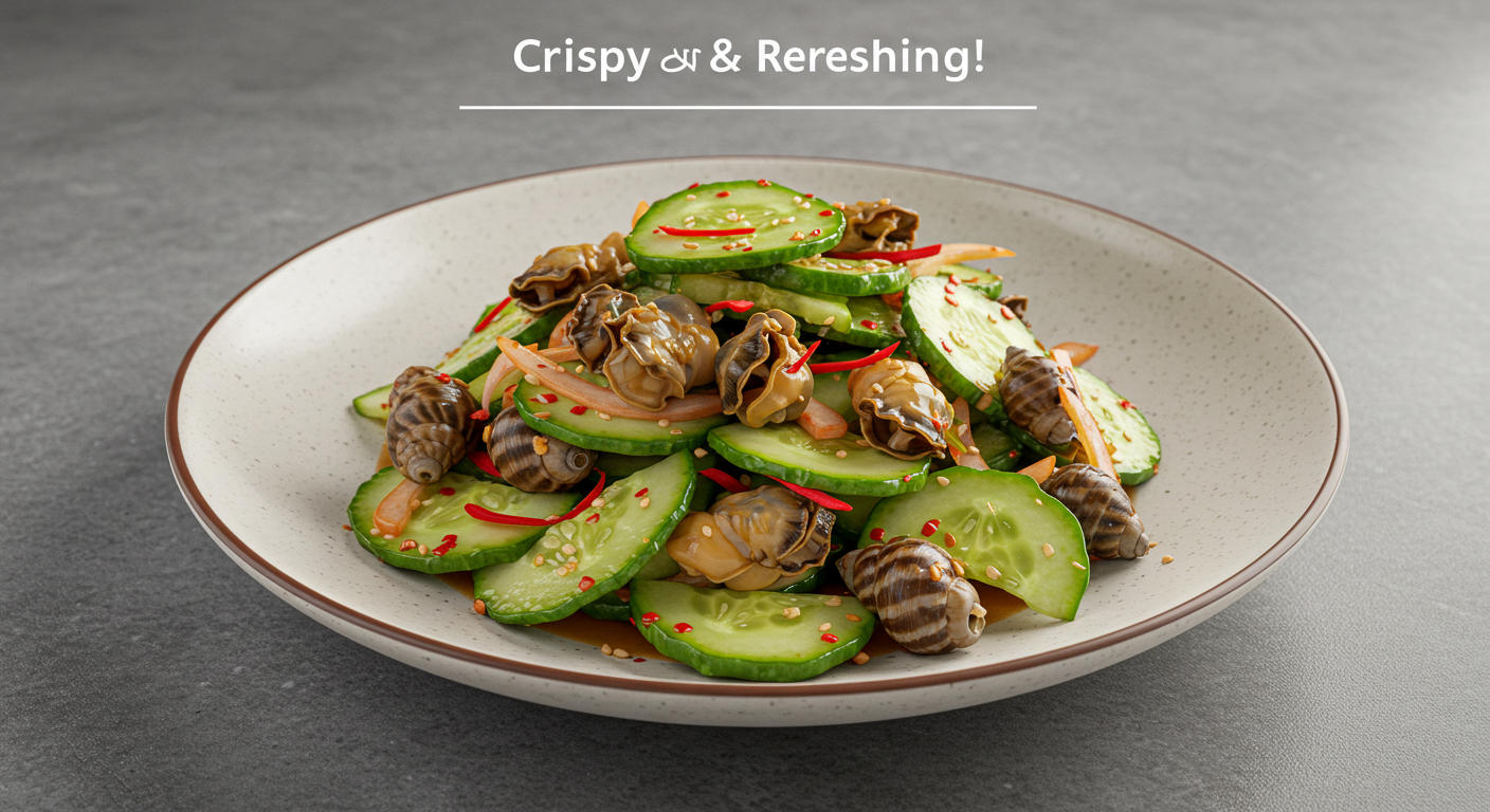 A plate of Golbaengi Oi Muchim (Spicy Sea Snail and Cucumber Salad) with fresh cucumber slices and chewy sea snails tossed in a sweet and sour dressing, placed on a cool background. "Crispy & Refreshing! Golbaengi Oi Muchim" text overlay.