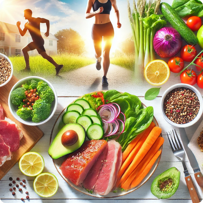 A balanced meal with fresh vegetables, whole grains, chicken breast, avocado, and a person jogging or practicing yoga, representing a healthy lifestyle.