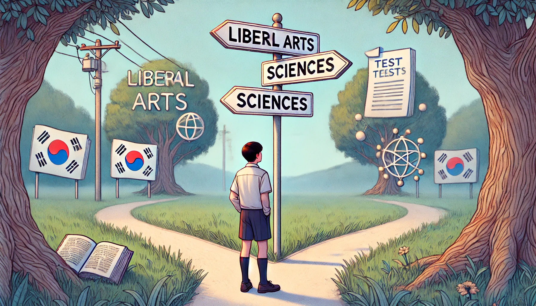 갈림길 앞에서 ‘Liberal Arts’와 ‘Sciences’ 중 하나를 선택해야 하는 고등학생의 고민을 표현한 이미지
