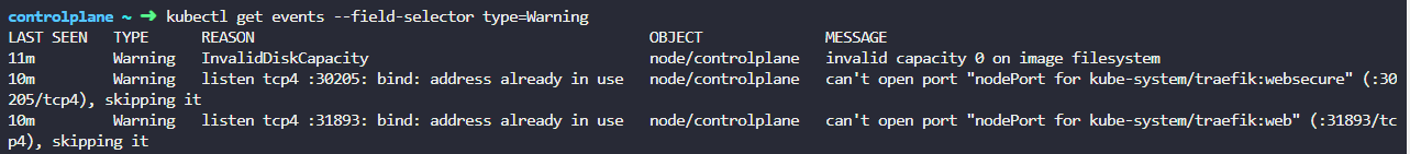 kubectl get events --field-selector type=Warning