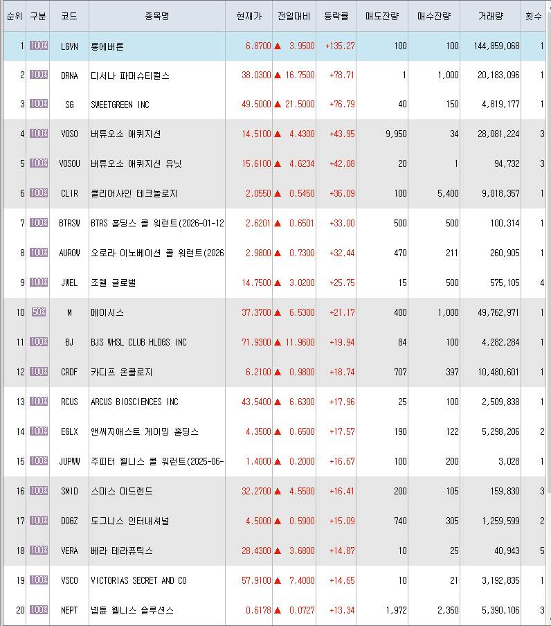  11월18일 미국주식 상승률 상위 종목 TOP 300