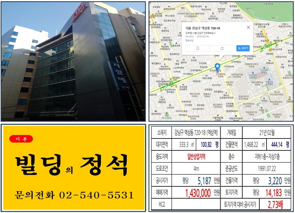  [강남구 테헤란로 일반상업지역 100억 꼬마빌딩 실거래가 조회] 역삼동 720-18 (역삼역) 143억 원, 평당 1억 4,183만 원 매매되었