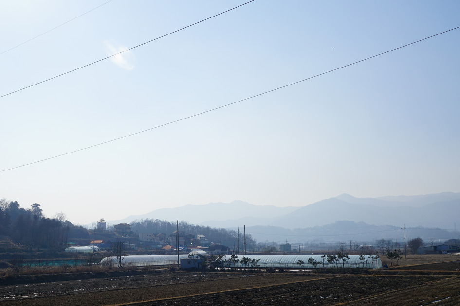 마을풍경&#44; 흐린 하늘&#44; 비닐하우스들&#44; 산자락에 주택들&#44; 멀리 흐릿하게 산&#44; 산&#44;