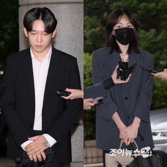 가수 남태현과 방송인 서민재가 19일 서울서부지방법원에서 열린 마약류 관리에 관한 법률 위반 혐의 첫 공판기일에 출석하고 있다. [사진=정소희 기자]