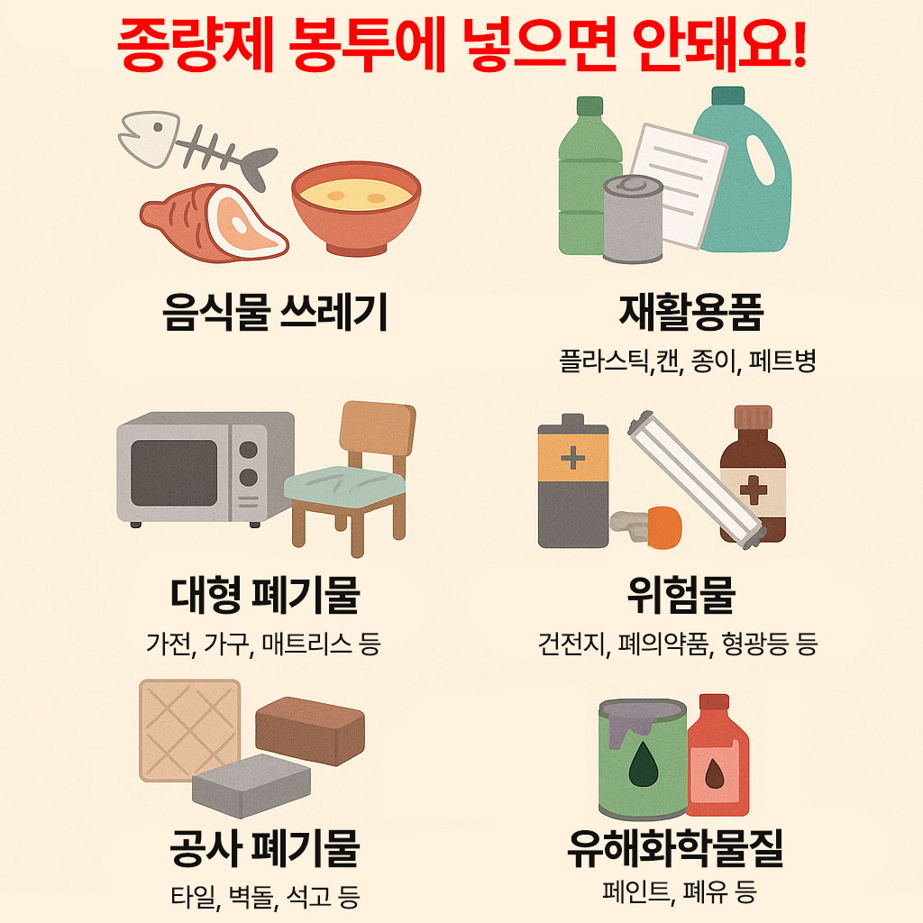 종량제 봉투에 버리면 안되는 것 정리. 음식물쓰레기, 재활용품, 대형폐기물, 위험물, 공사폐기물, 유해화학물질 등