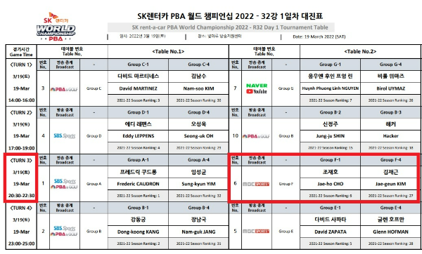 PBA월드챔피언십 1일차 대진표 및 중계방송 일정