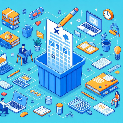 문서를 스캔하는 모습, 다양한 분석 도구와 함께 정보를 처리하는 장면을 그린 일러스트입니다.