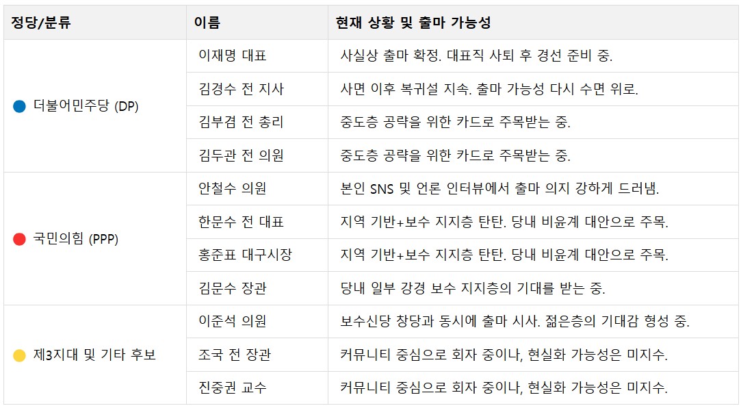 조기 대선 예상자 (표)