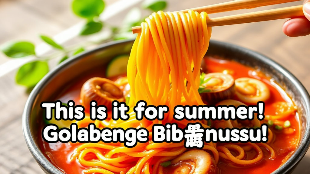 A generous bowl of spicy and sour Golbaengi Bibimguksu (Sea Snail Spicy Noodles). Chopsticks picking up noodles and sea snails together. "This is it for summer! Golbaengi Bibimguksu" text overlay.