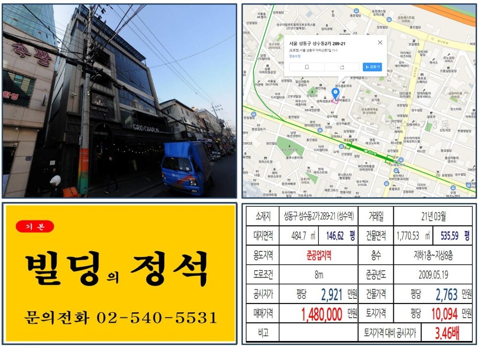  [성동구 준공업지역 100억 올근생 꼬마빌딩 실거래가 조회] 성수동2가 289-21 (성수역) 148억 원, 평당 1억 94만 원 매매되었습니다. 성수족발, 공유오피스