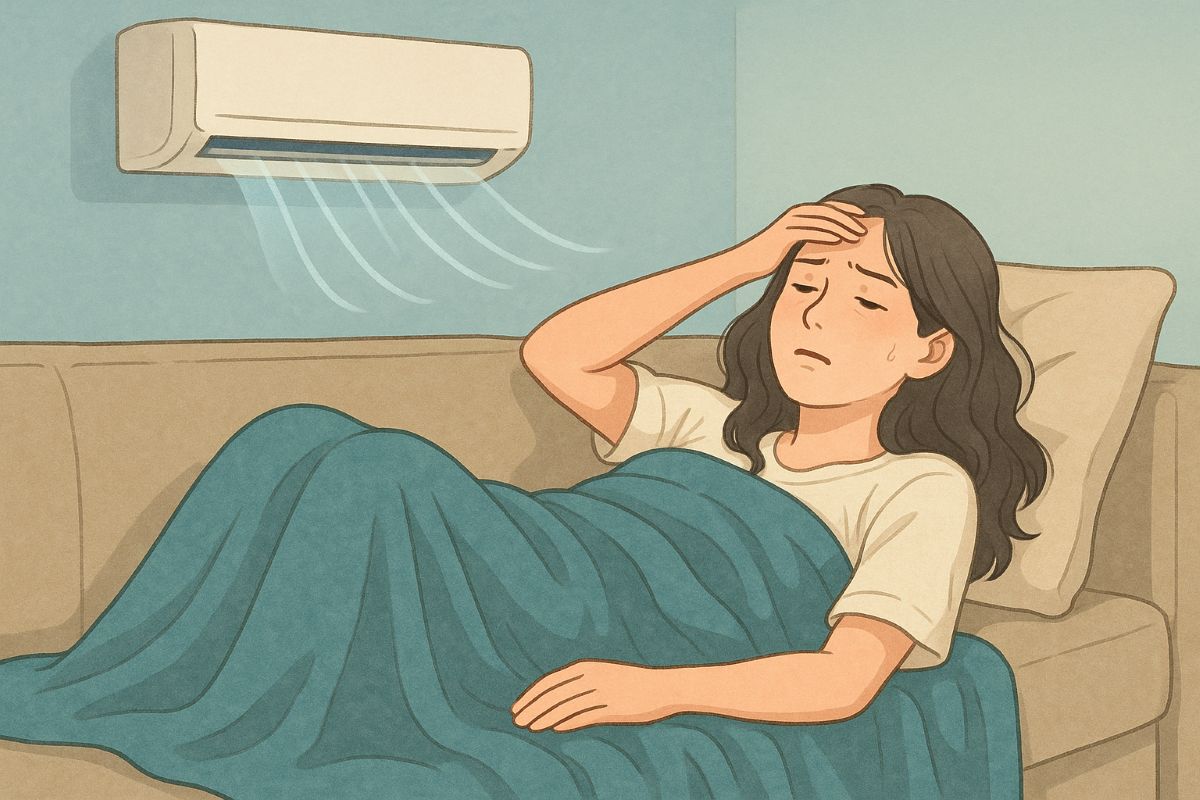 냉방병으로 피곤한 여성이 담요를 덮고 누워 있음