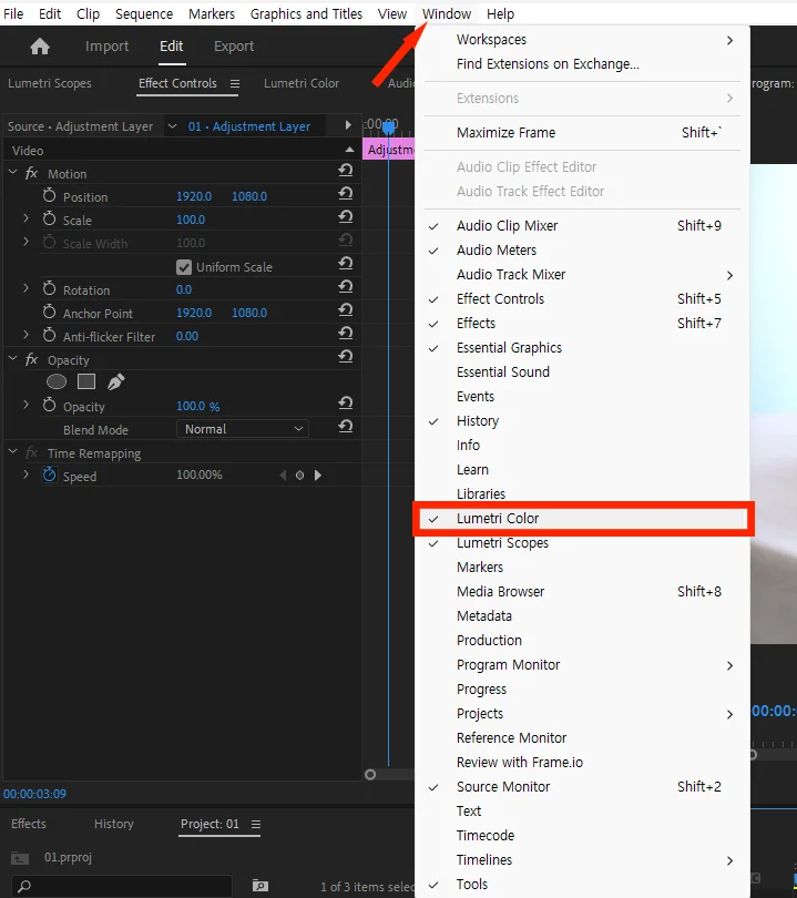 프리미어 프로에서 루미트리 칼라 툴을 활성화시키는 모습