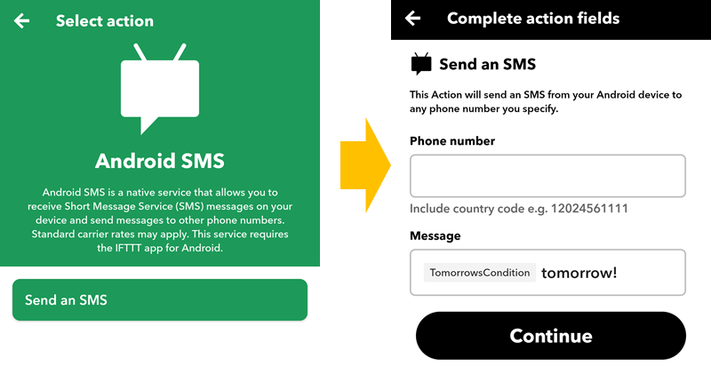 IFTTT SMS 선택 화면