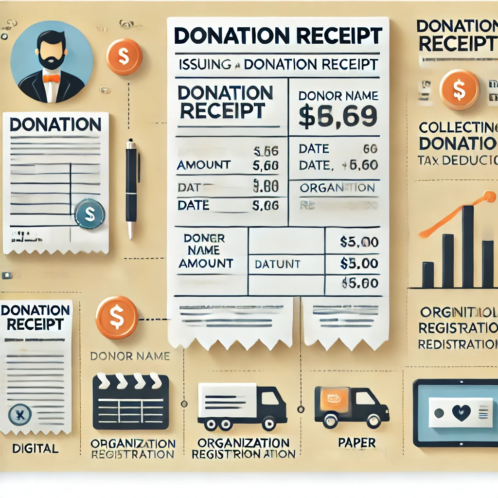 기부자 이름&amp;#44; 기부 금액&amp;#44; 날짜&amp;#44; 단체 등록번호 등이 포함된 기부금 영수증 발급 과정을 설명하는 인포그래픽&amp;#44; 전자 및 종이 영수증 옵션 포함.