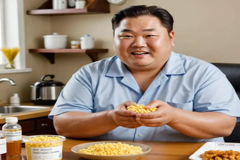 식사 중인 남성, 과식과 지방간 위험을 시각적으로 표현한 이미지