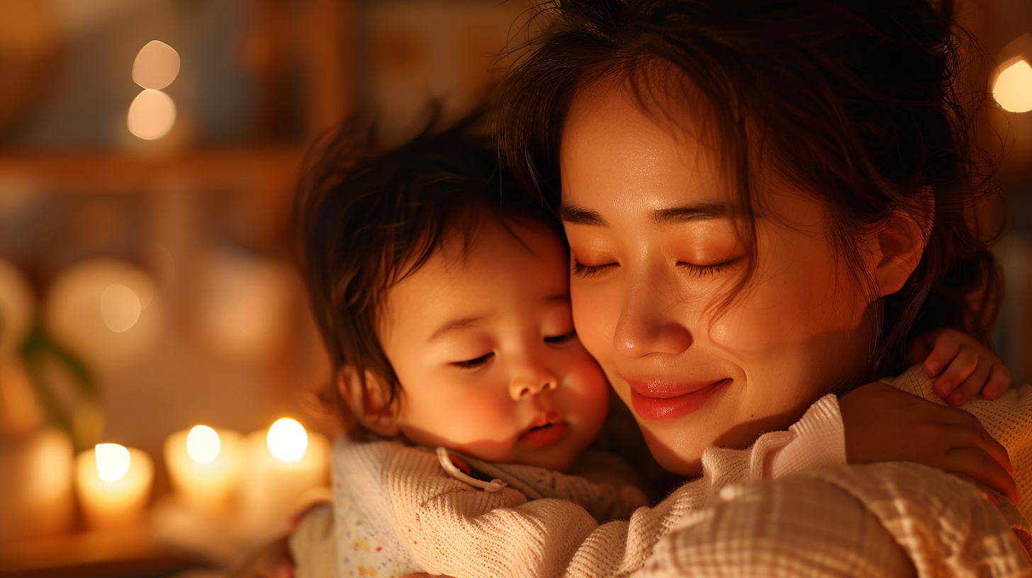 아이를 안고있는 엄마의 행복한 모습