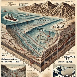 A detailed geological illustration of the Nankai Trough near the coast of Miyazaki Prefecture, Japan