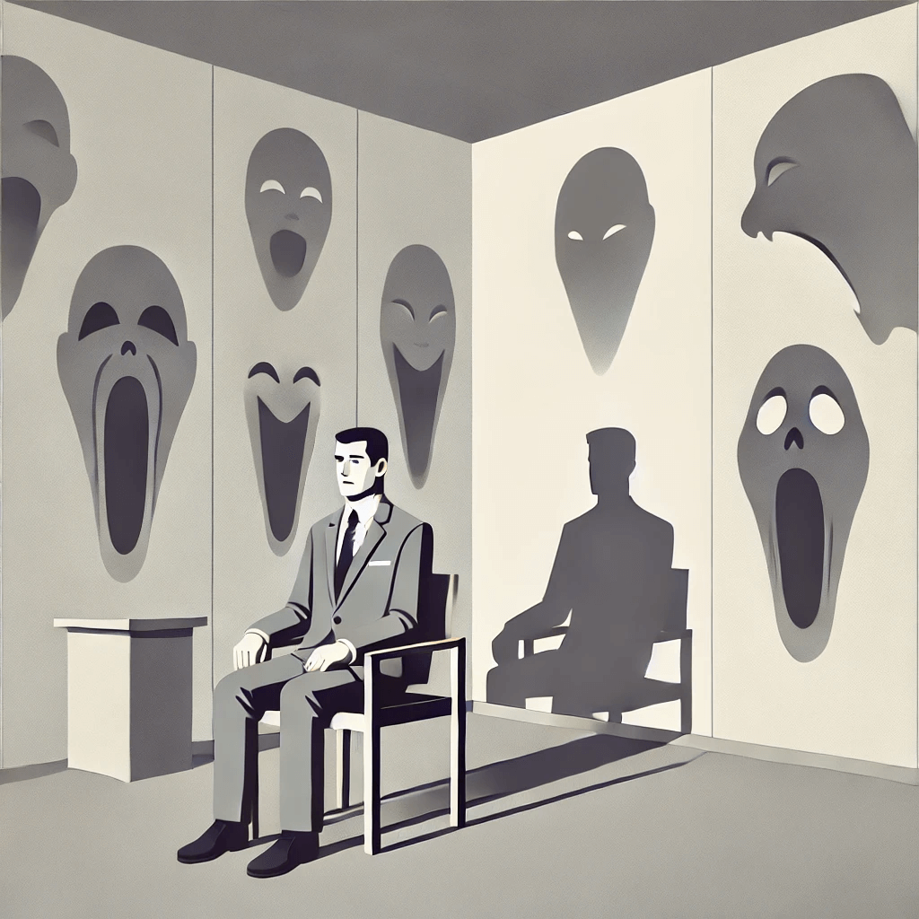회색 정장 차림의 남자가 의자에 앉아 있고, 벽에는 다양한 표정의 괴상한 그림자들이 드리워져 있다. 이 이미지는 ‘악의 평범성’을 시각적으로 표현하며, 평범한 사람도 환경과 순응 속에서 악을 행할 수 있음을 상징한다. 한나 아렌트의 철학 개념과 아이히만 재판의 본질을 다룬 글과 연결된다.