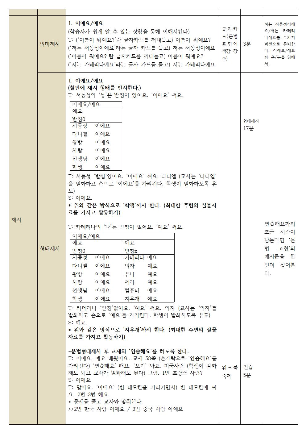 한국어 초급 교안 작성- 문법제시 부분을 해보았다. 세종한국어의 재외동포를 위한 한국어 1-1을 참고로 작성했다.