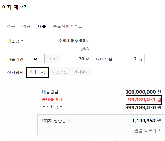 대출 중도 상환 수수료 계산 확인 원리금 균등 상환 계산기 조사 2