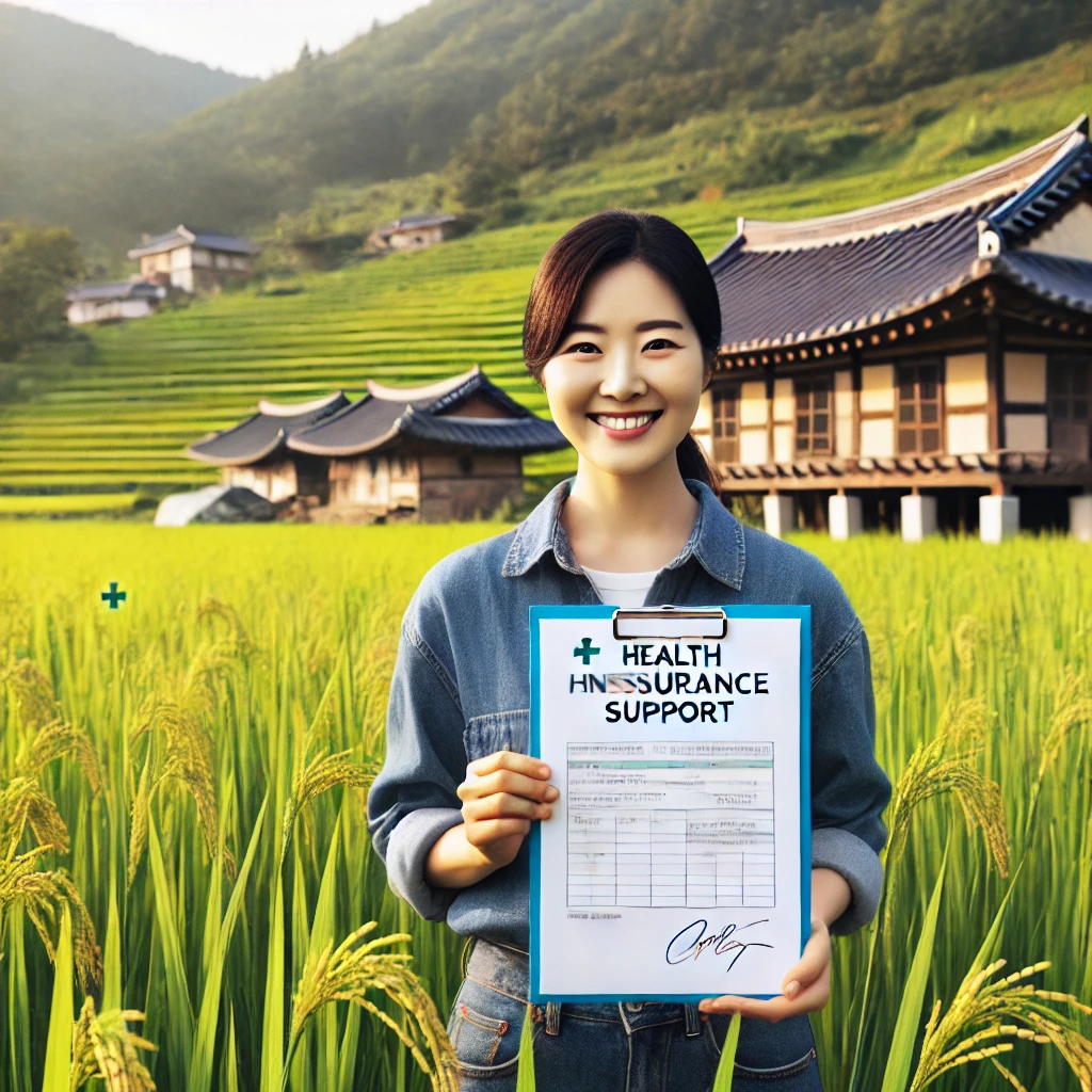 밝은 녹색 논에서 미소를 짓고 있는 한국 농부가 건강보험 지원을 상징하는 서류를 들고 있다. 배경에는 전통 한옥과 구릉이 펼쳐져 있으며, 농업인을 위한 정부 지원의 안정감을 표현하는 따뜻한 분위기의 장면.