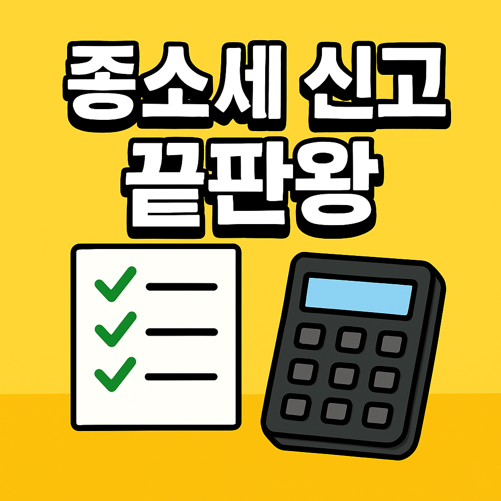 밝은 노랑 배경에 ‘종소세 신고 끝판왕’ 문구가 굵은 흰색 글자와 검정 테두리로 강조되고, 체크리스트 아이콘과 계산기가 함께 있는 고대비 2D 일러스트 썸네일 이미지