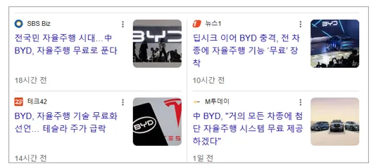 중국 전기차 브랜드 BYD의 자율주행 기술 무료화 선언 뉴스 기사, 이미지