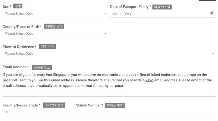 성별&#44; 여권 및 이메일 주소 등 입력