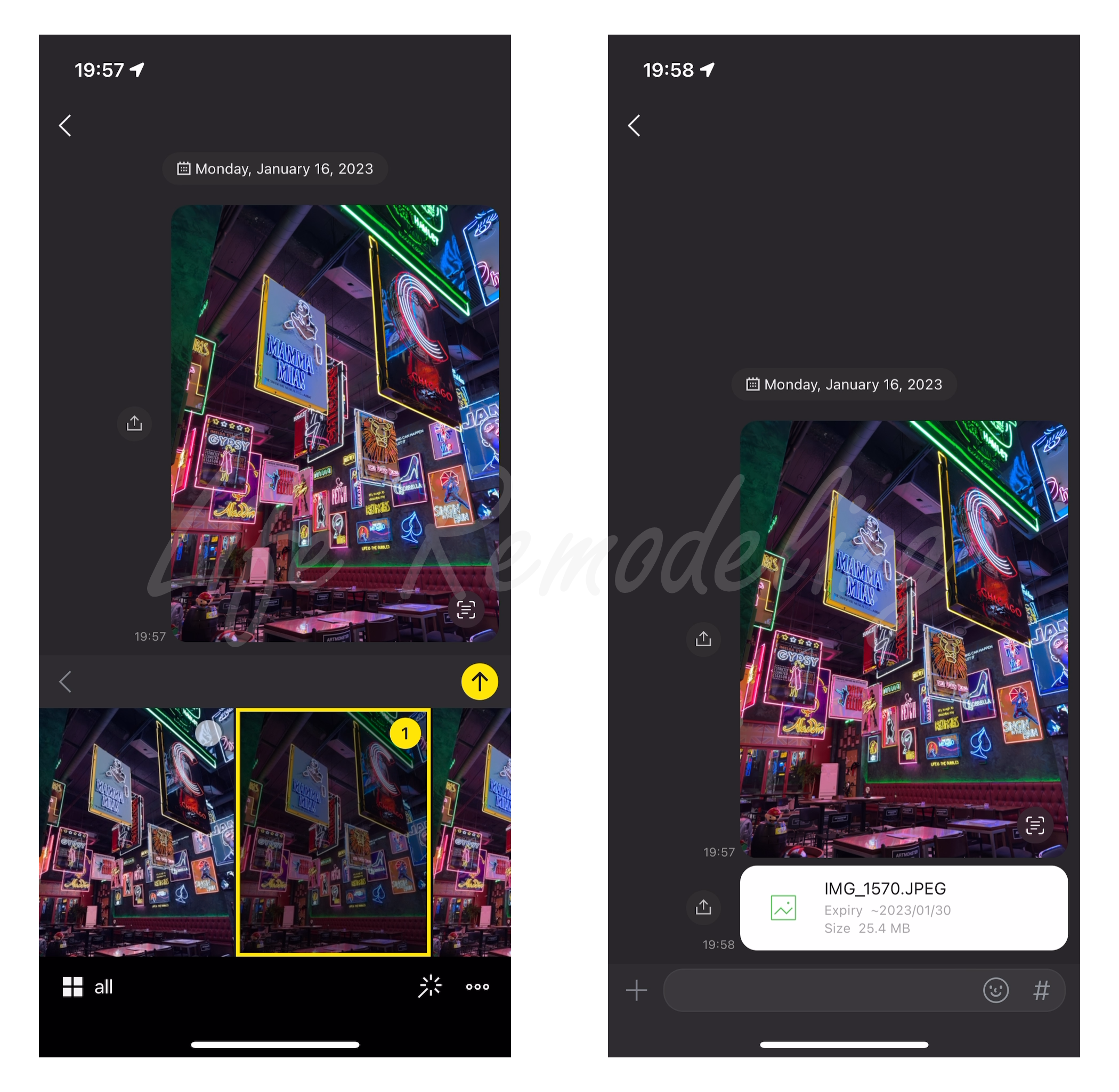 왼쪽 : 카카오톡에 JPG로 변환된 사진을 업로드 하는 모습. / 오른쪽 : 카톡에서 자동 수정되지 않고 그대로 전송해준 것을 확인할 수 있다.
