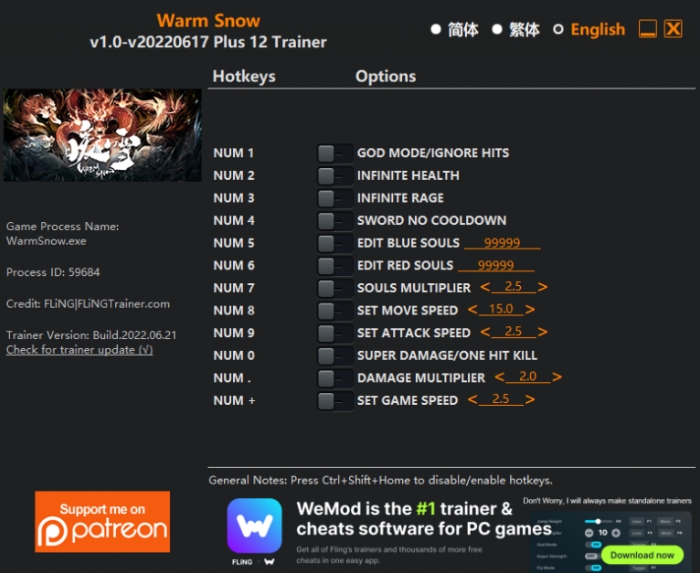 [트레이너] 한글판 웜 스노우 최신 영문판 Warm Snow v1.0-v20220617 Plus 12 Trainer