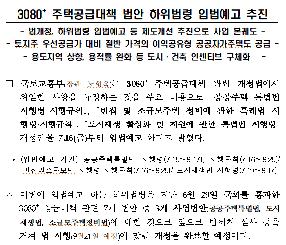  [국토교통부] 3080+ 주택공급대책 법안 하위법령 입법예고 추진(이익공유형 공공자가주택도 공급, 용도지역 상향, 용적률 완화 등 도시·건축 인센티브구체화)
