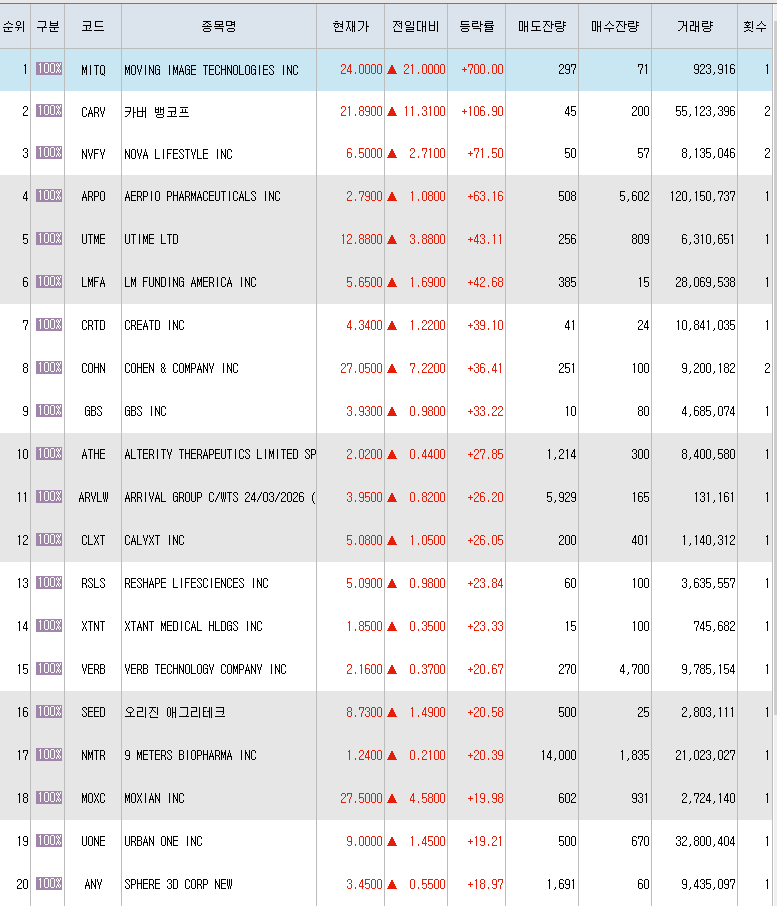  7월8일 미국주식 상승률 상위 종목 TOP 300