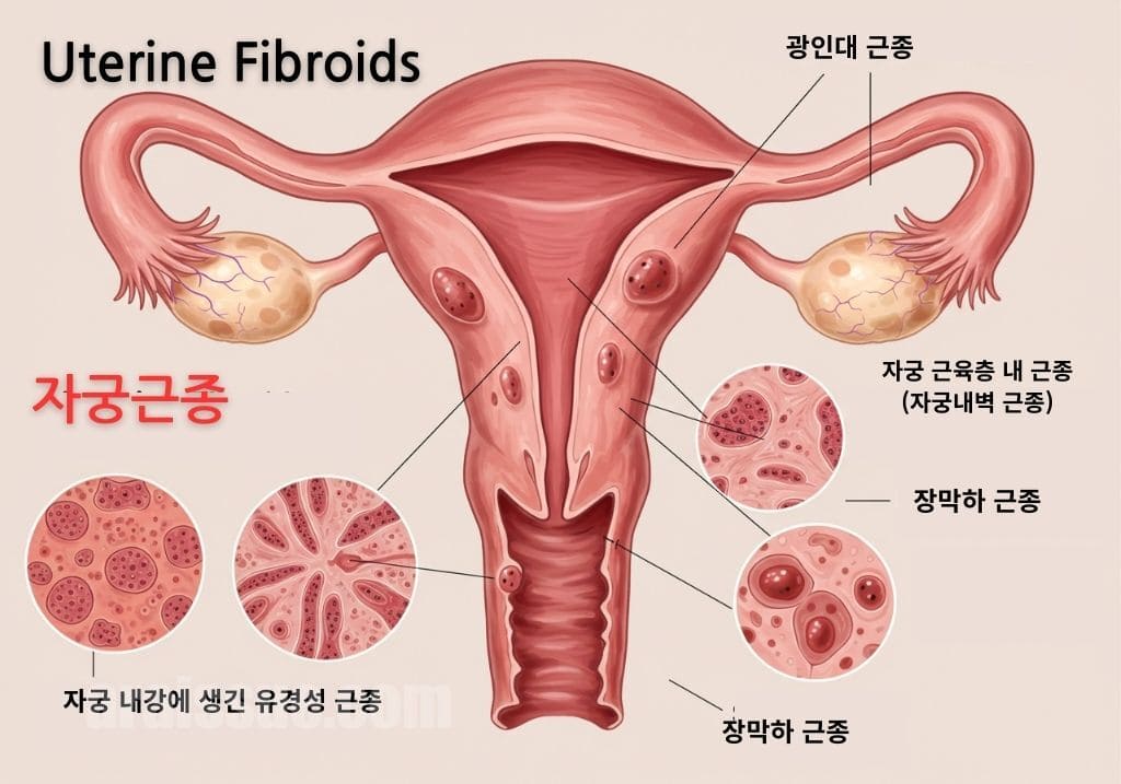 자궁근종의 종류와 위치를 설명하는 해부학적 일러스트레이션. 자궁 내강, 근육층, 장막하, 광인대 등 다양한 부위에 발생하는 근종이 자세히 표현되어 있으며, 각 근종의 조직 특성이 확대 그림으로 보여지고 있다.