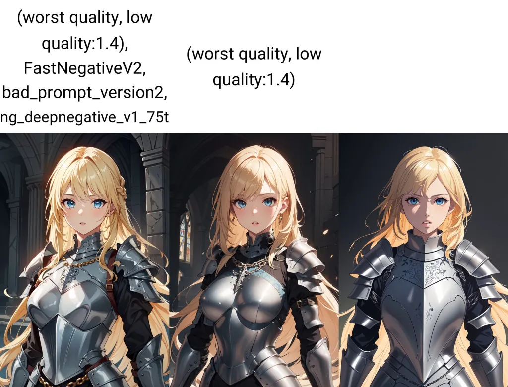 기본 프롬프트에 퀄리티 관련 프롬프트를 넣고 부정프롬프트만 수정하며 생성한 이미지 예시