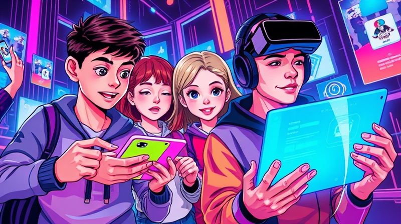 Z세대 청소년이 다양한 화면으로 숏폼, 메타버스 등 여러 콘텐츠를 빠르게 소비하는 모습 일러스트