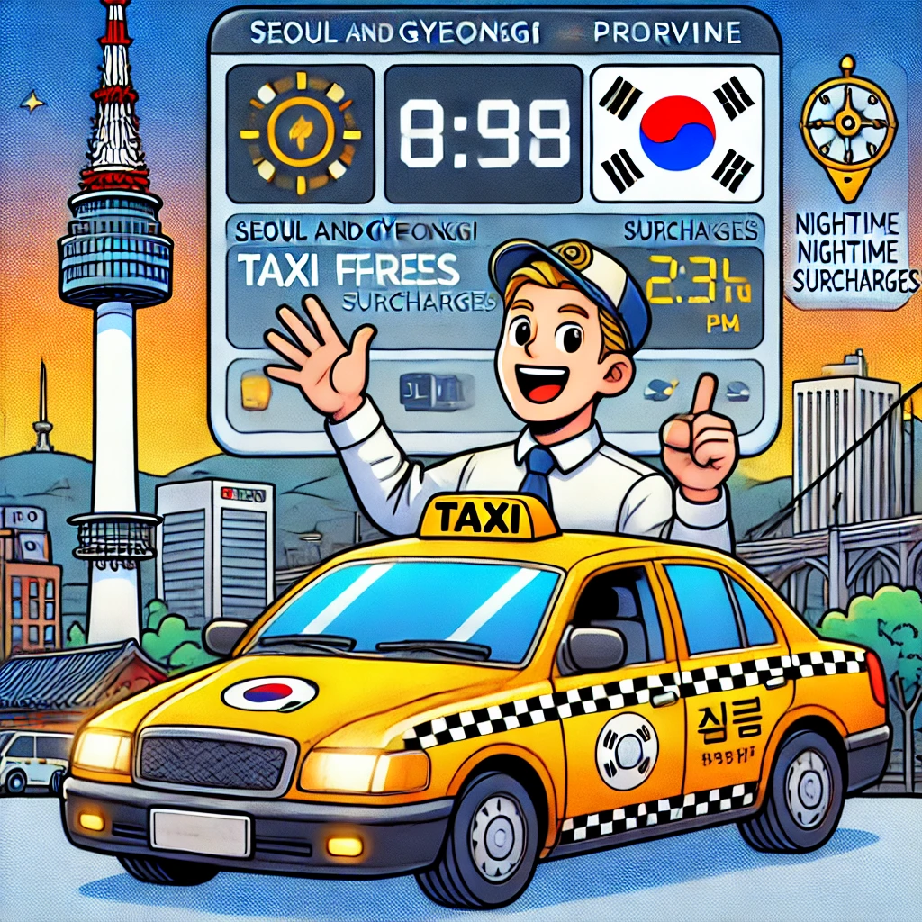 서울 택시를 탄 외국인이 웃고 있는 모습을 그린 그림