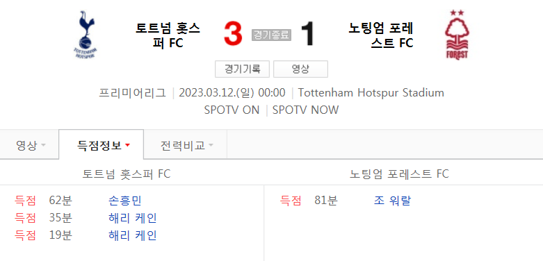  EPL 22/23 시즌 27라운드 - 토트넘 VS 노팅엄 경기 손흥민 주요 장면 (손흥민 리그 6호골)