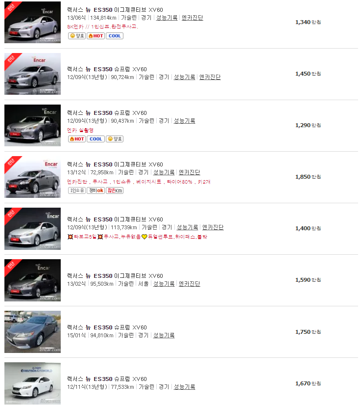 렉서스 뉴 ES350 중고차 가격