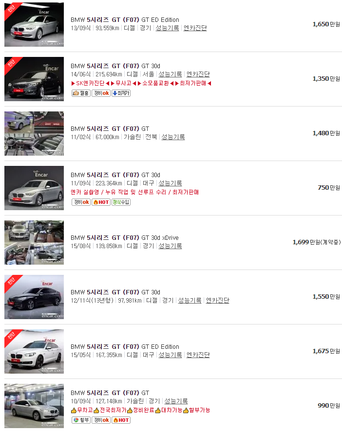 BMW 5시리즈 GT (F07) 중고차 가격