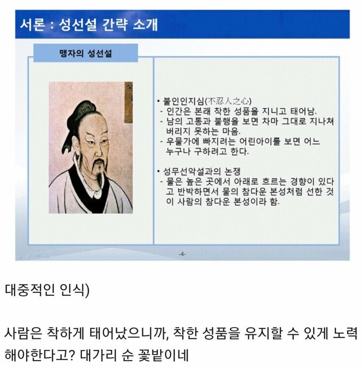 서론 : 성선설 간략 소개
맹자의 성선설
·불인인지심(不忍人之心)
- 인간은 본래 착한 성품을 지니고 태어남.
- 남의 고통과 불행을 보면 차마 그대로 지나쳐 버리지 못하는 마음.
우물가에 빠지려는 어린아이를 보면 어느 누구나 구하려고 한다.
• 성무선악설과의 논쟁
- 물은 높은 곳에서 아래로 흐르는 경향이 있다 고 반박하면서 물의 참다운 본성처럼 선한 것 이 사람의 참다운 본성이라 함.
대중적인 인식)
사람은 착하게 태어났으니까, 착한 성품을 유지할 수 있게 노력 해야한다고? 대가리 순 꽃밭이네