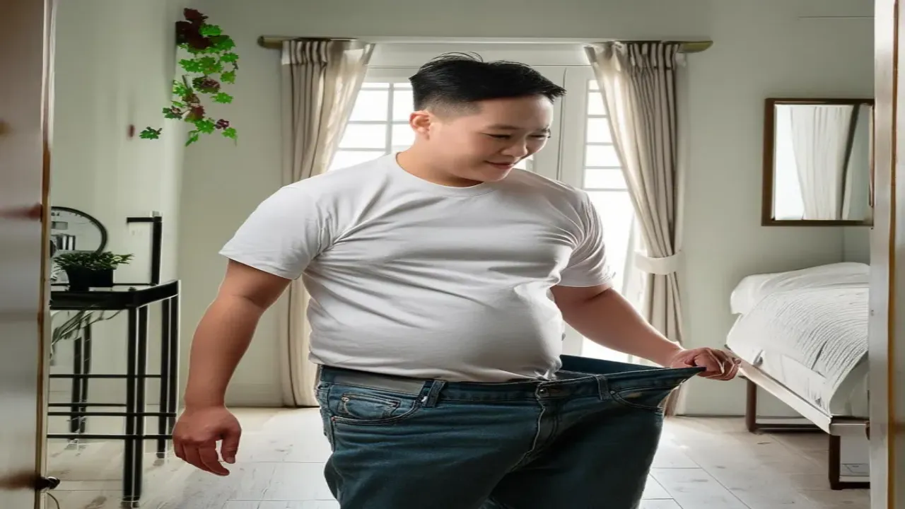체중계를 확인하는 남성, 복부비만과 지방간 연관성을 나타낸 장면
