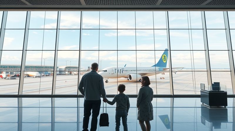 미래 친환경 공항 터미널에서 수소 항공기를 바라보는 가족